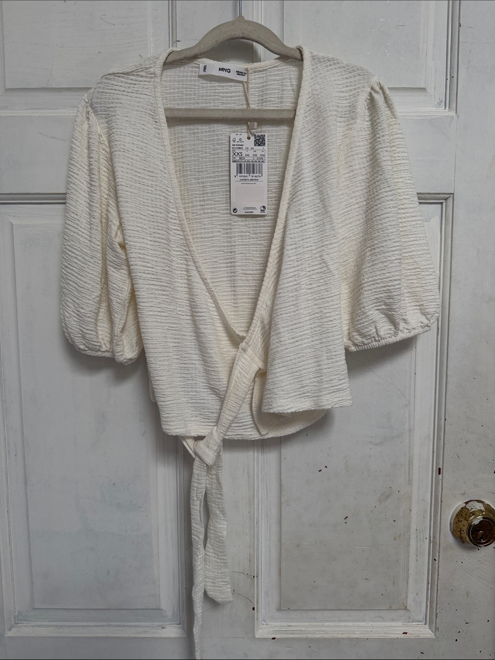 NWT Mango Off-White Textured Wrap Tie Puff Sleeve Top